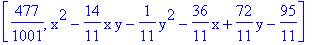 [477/1001, x^2-14/11*x*y-1/11*y^2-36/11*x+72/11*y-95/11]